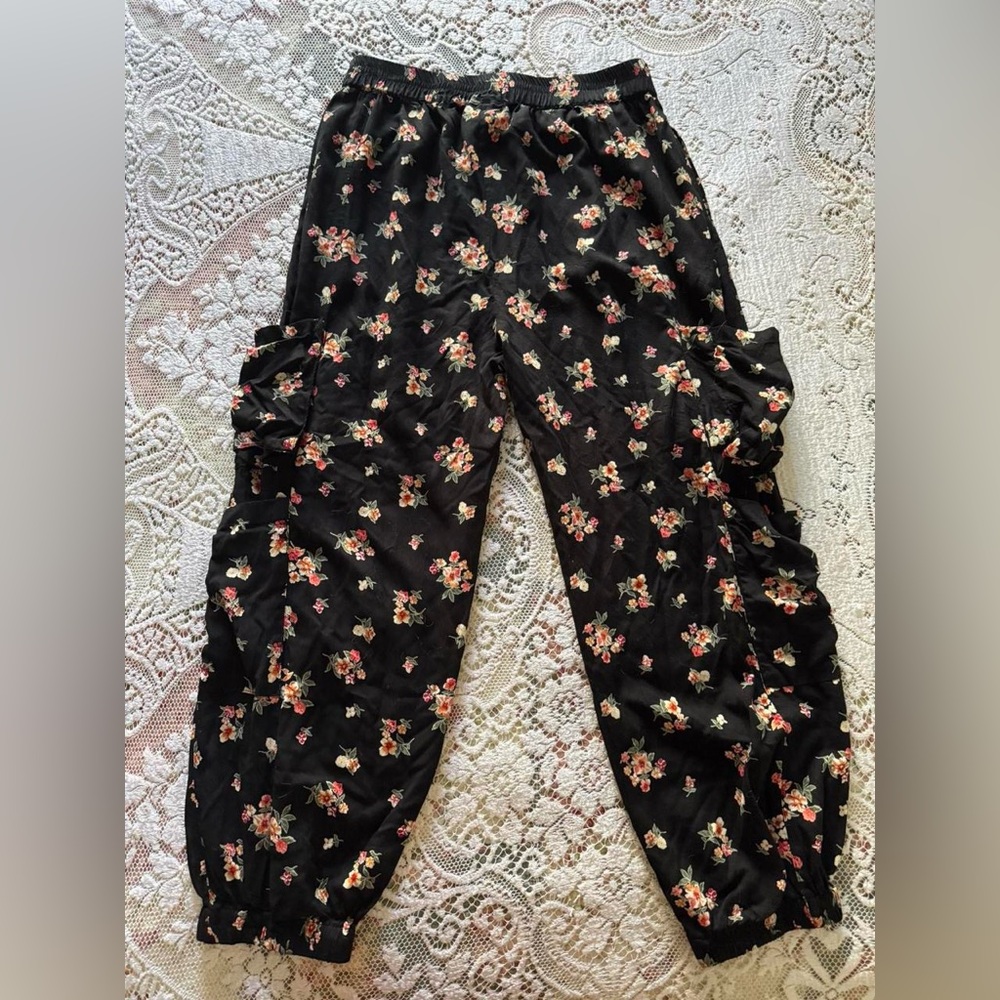 boho whimsical floral comfy cargo style jogger pants
